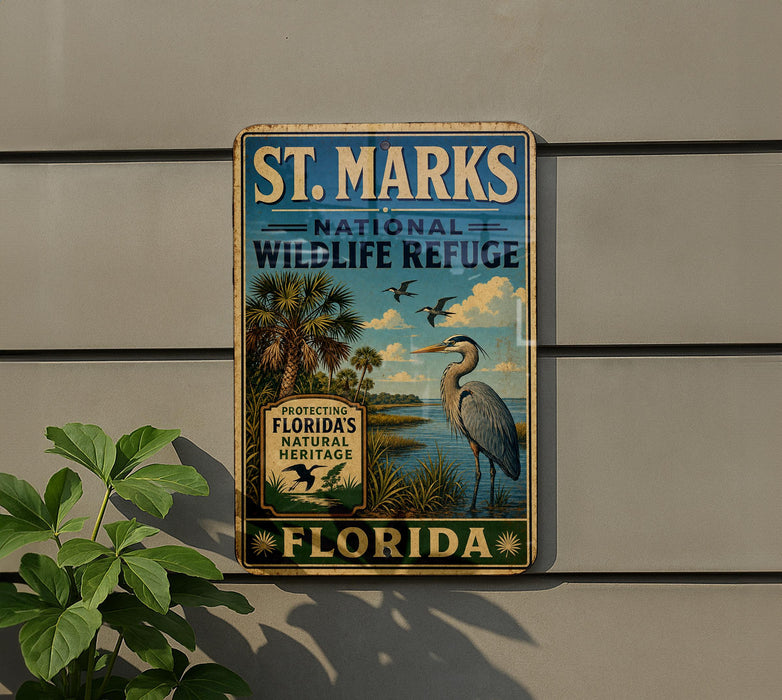 A vintage-style metal sign for St. Marks National Wildlife Refuge in Florida, featuring a large blue heron and palm trees.
