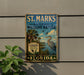 A vintage-style metal sign for St. Marks National Wildlife Refuge in Florida, featuring a large blue heron and palm trees.
