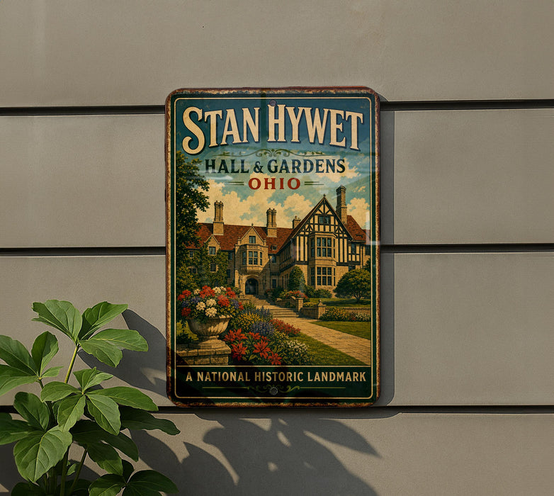 A vintage-style sign for "Stan Hywet Hall & Gardens" in Ohio, featuring a large illustration of a historic building surrounded by gardens.