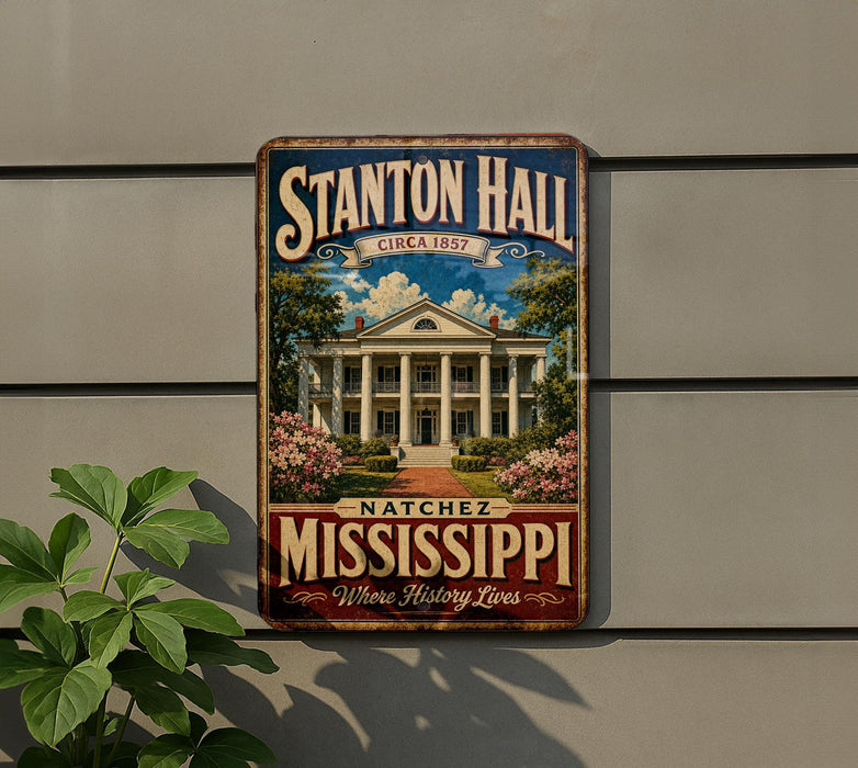 A vintage metal sign for Stanton Hall in Mississippi, featuring a large illustration of the historic building surrounded by trees and flowers.
