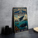 a vintage-style metal sign for the Stellwagen Bank National Marine Sanctuary in Massachusetts, with a whale and other marine life depicted on the sign.