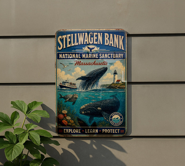 a vintage metal sign for the Stellwagen Bank National Marine Sanctuary in Massachusetts, depicting a whale and other marine life.