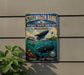 a vintage metal sign for the Stellwagen Bank National Marine Sanctuary in Massachusetts, depicting a whale and other marine life.