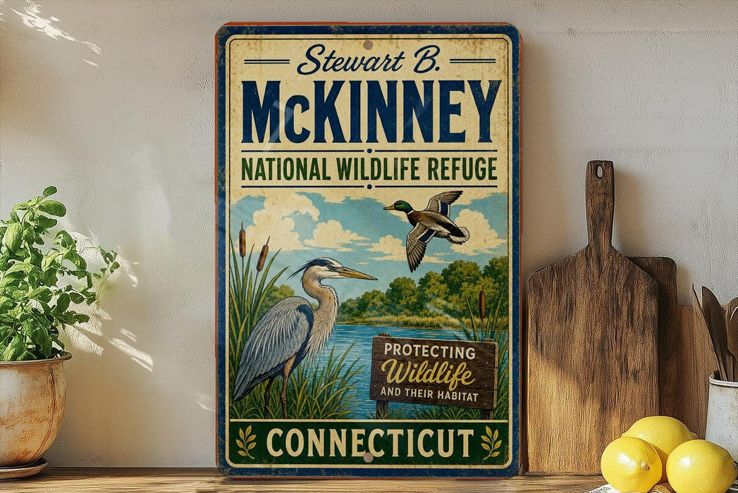 A vintage-style sign for Stewart B. McKinney's National Wildlife Refuge in Connecticut, featuring illustrations of birds and a river.