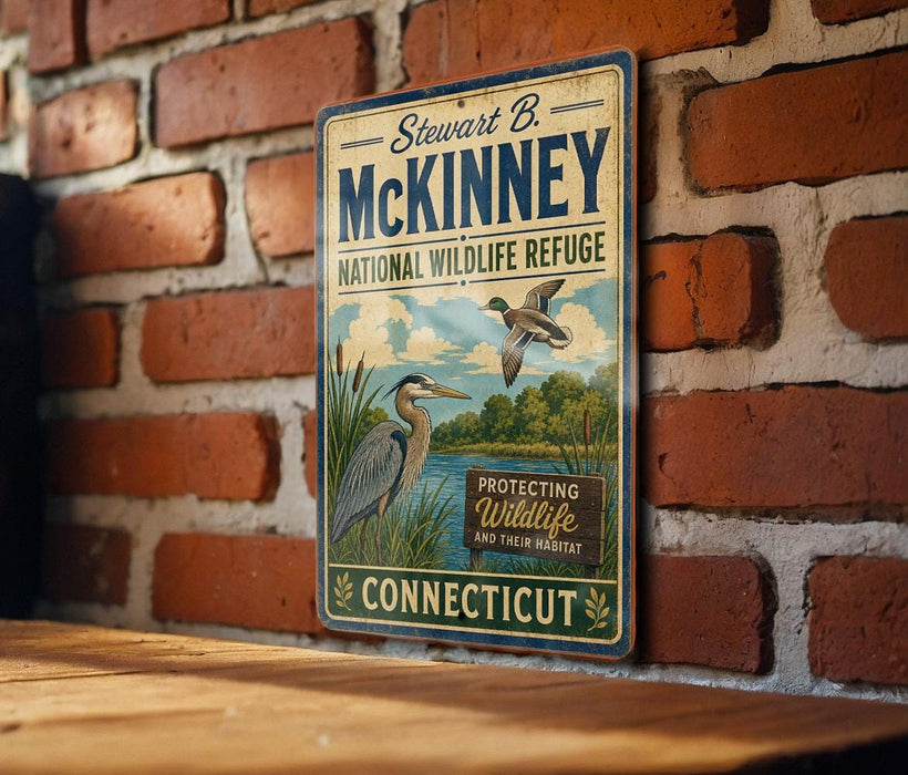 A vintage-style metal sign for the Stewart B. McKinney National Wildlife Refuge in Connecticut, featuring illustrations of birds and a river.