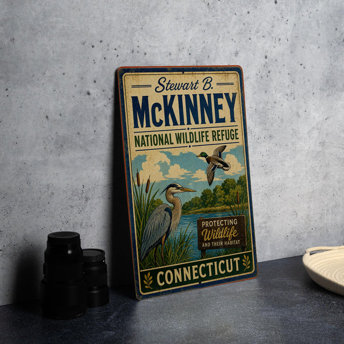 A vintage-style metal sign for the Stewart B. McKinney National Wildlife Refuge in Connecticut, featuring illustrations of birds and a river.
