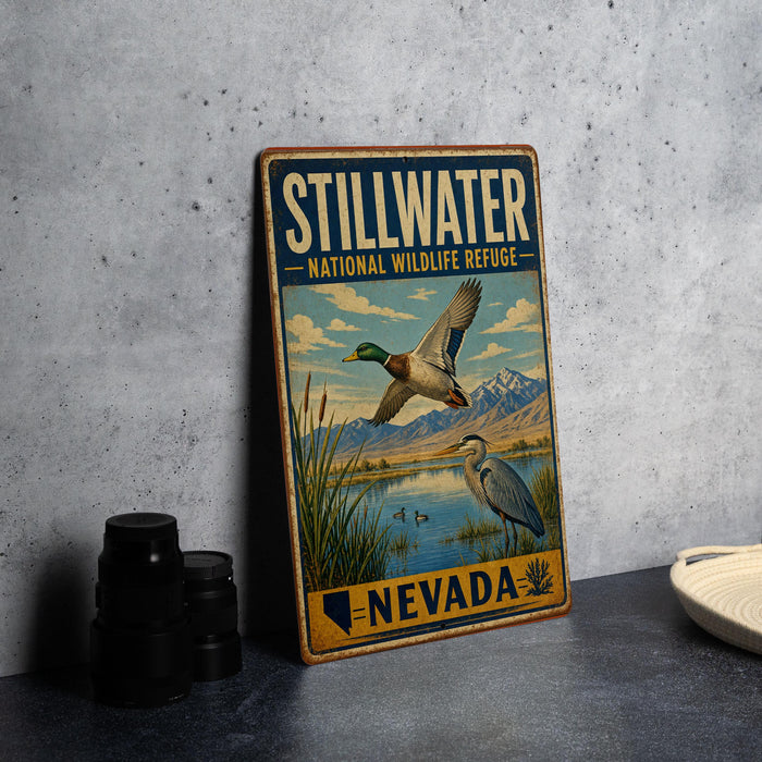 A vintage-style metal sign for the Stillwater National Wildlife Refuge in Nevada, featuring an illustration of ducks and mountains.