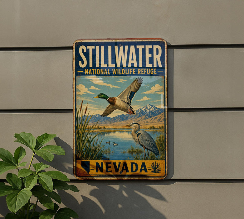 A vintage-style metal sign for Stillwater National Wildlife Refuge in Nevada, featuring a bird in flight and a bird standing in the water.