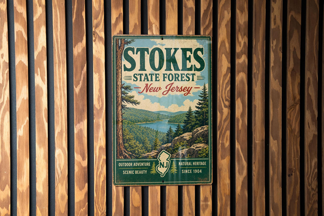 A vintage-style metal sign for Stokes State Forest in New Jersey, featuring a scenic landscape with pine trees, a lake, and mountains.