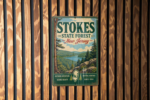 A vintage-style metal sign for Stokes State Forest in New Jersey, featuring a scenic landscape with pine trees, a lake, and mountains.