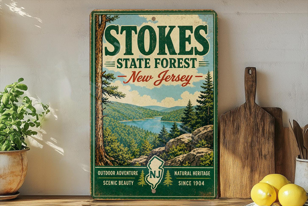 a vintage-style sign for Stokes State Forest in New Jersey, with a scenic landscape of mountains, trees, and a lake. The sign is displayed on a wooden shelf, surrounded by various kitchen utensils and a potted plant.