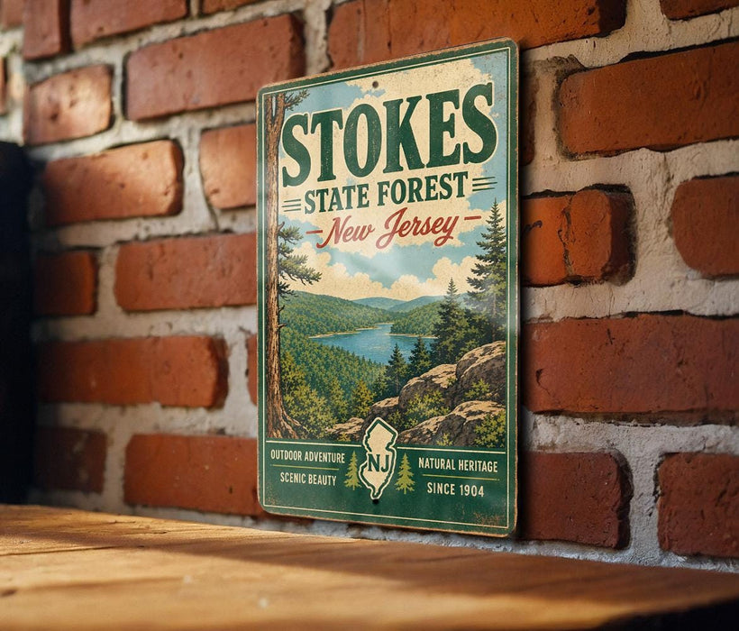 A vintage metal sign for Stokes State Forest in New Jersey, featuring a scenic landscape with pine trees, a lake, and mountains.