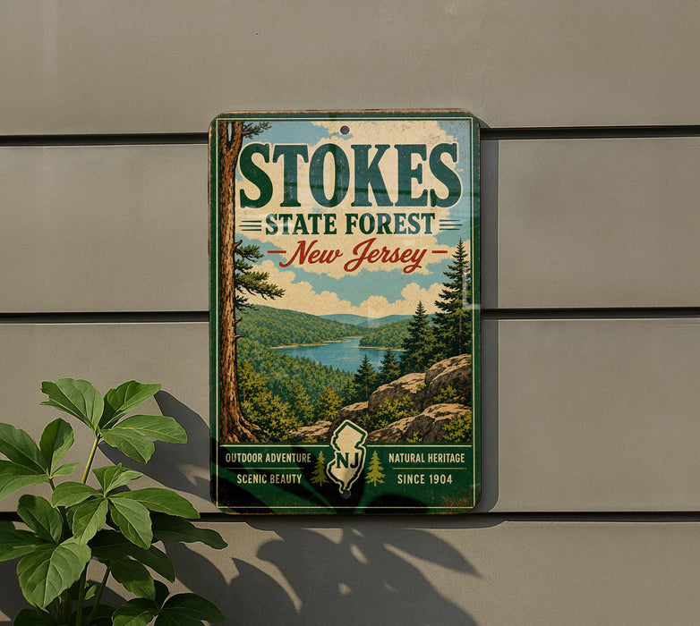 A vintage-style sign for Stokes State Forest in New Jersey, featuring a scenic landscape with pine trees, a lake, and mountains.