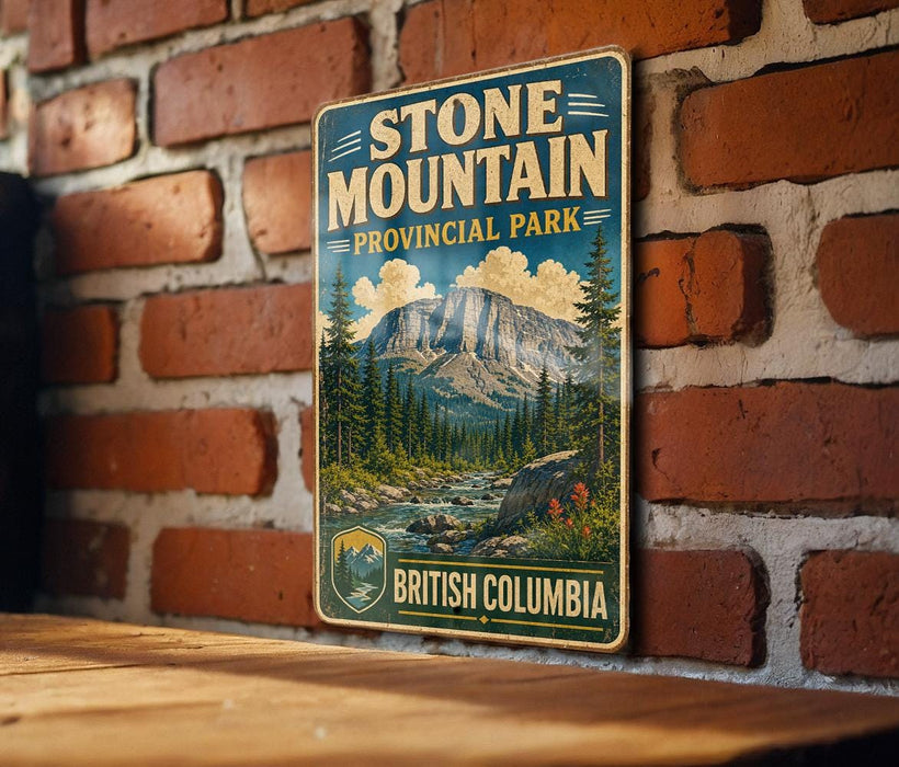 A vintage-style metal sign for Stone Mountain Provincial Park in British Columbia, Canada, featuring a scenic mountain landscape.