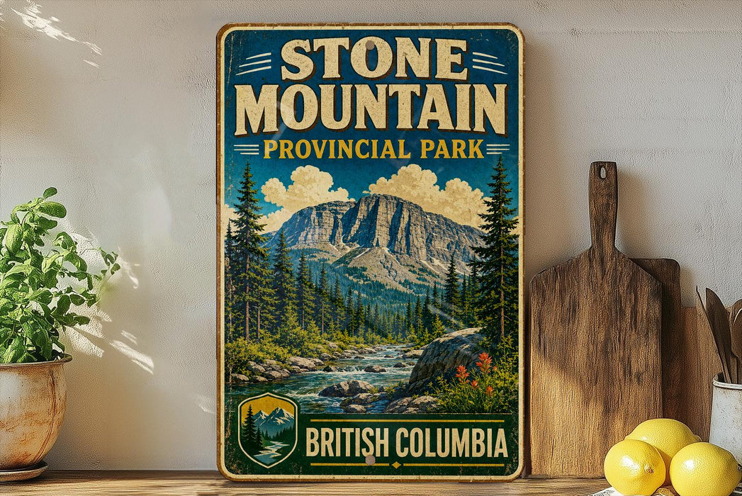 A vintage-style sign for Stone Mountain Provincial Park in British Columbia, Canada, featuring a scenic mountain landscape with pine trees and a river.