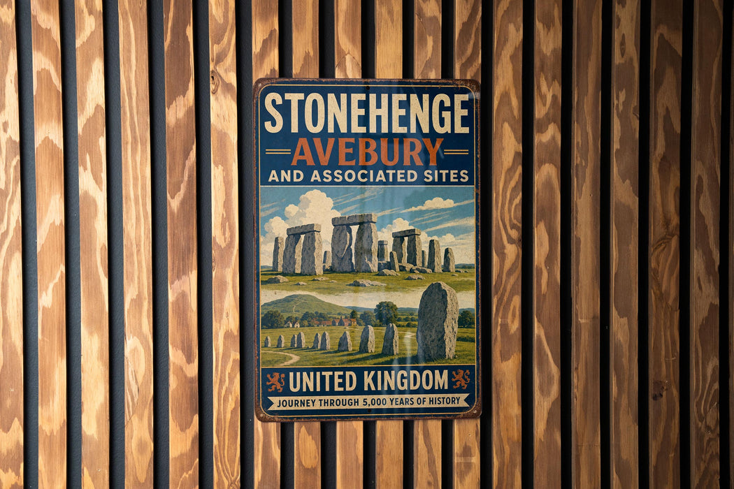 A vintage-style metal sign for Stonehenge, Avebury, and associated sites, mounted on a wooden wall.