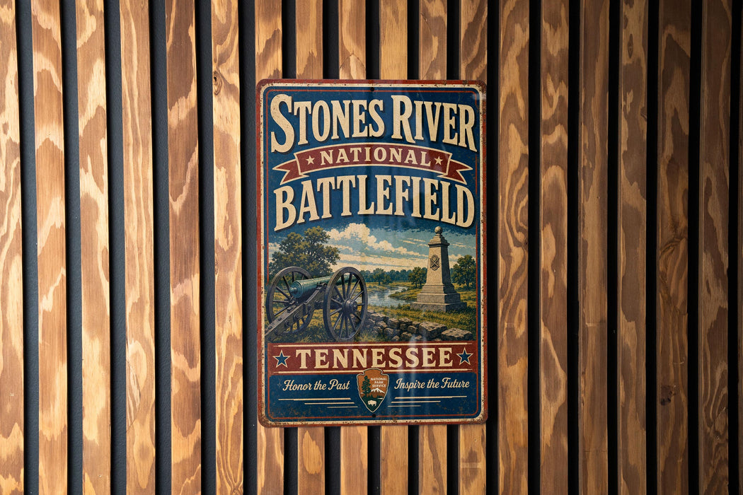 A vintage-style metal sign for the Stones River National Battlefield in Tennessee, featuring a cannon and a monument, mounted on a wooden wall.