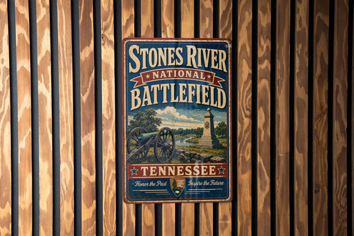 A vintage-style metal sign for the Stones River National Battlefield in Tennessee, featuring a cannon and a monument, mounted on a wooden wall.
