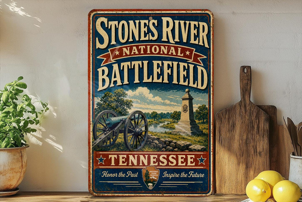 A vintage-style metal sign for the Stones River National Battlefield in Tennessee, featuring a cannon and a monument, is displayed on a shelf next to a wooden cutting board and a potted plant.