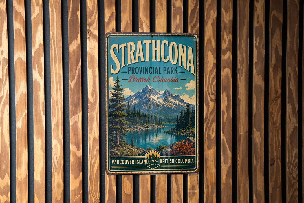 A vintage-style metal sign for Strathcona Provincial Park in British Columbia, Canada, featuring a scenic mountain landscape.