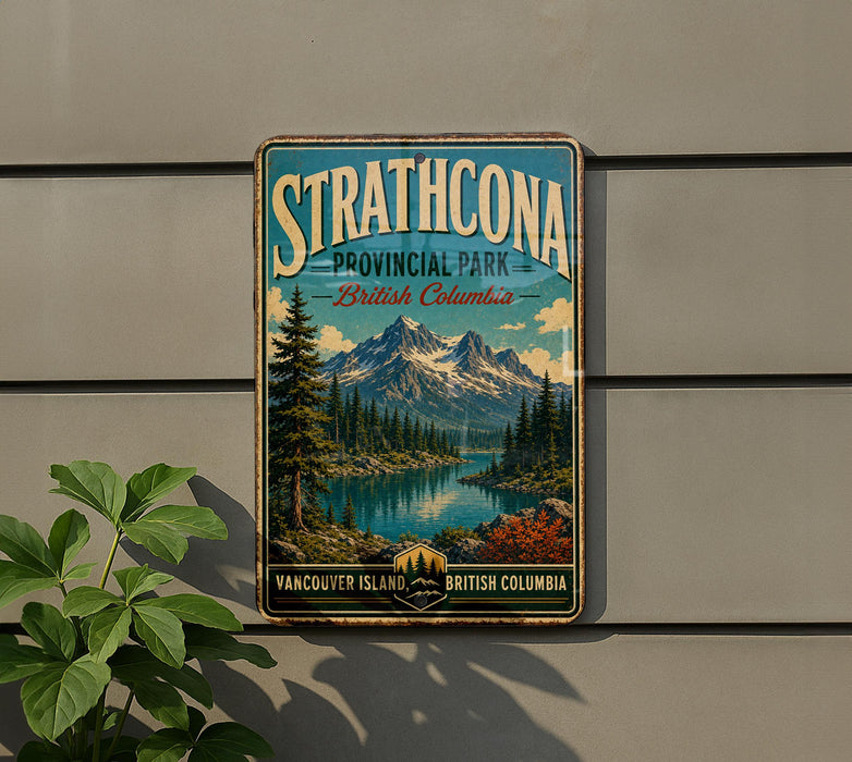 A vintage-style metal sign for Strathcona Provincial Park in British Columbia, Canada, featuring a scenic mountain landscape with pine trees and a lake.