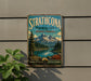 A vintage-style metal sign for Strathcona Provincial Park in British Columbia, Canada, featuring a scenic mountain landscape with pine trees and a lake.