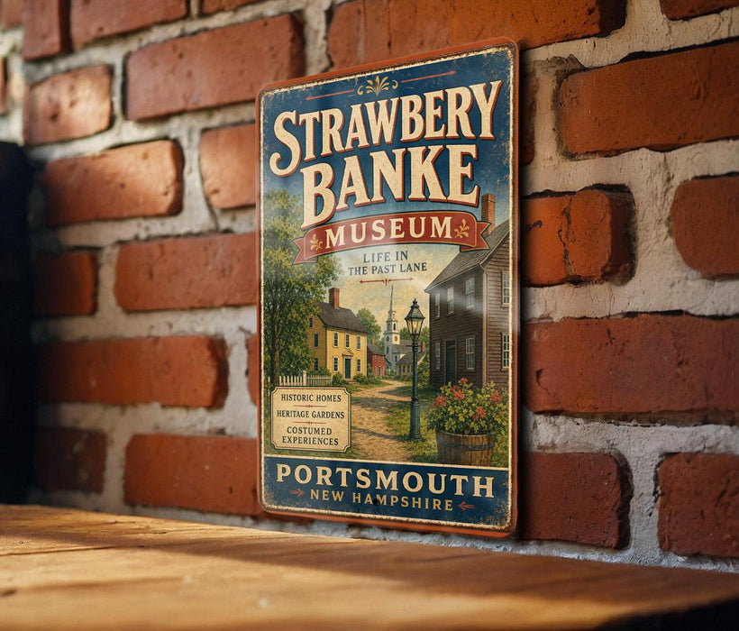 A vintage-style metal sign for the Strawberry Banke Museum, featuring a brick wall backdrop and a wooden table in the foreground.