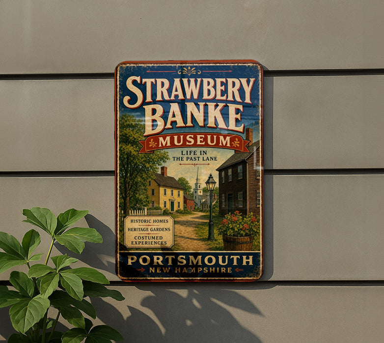 A vintage-style metal sign for the Strawberry Banke Museum, featuring a scenic illustration of a historic neighborhood with houses, trees, and a church.