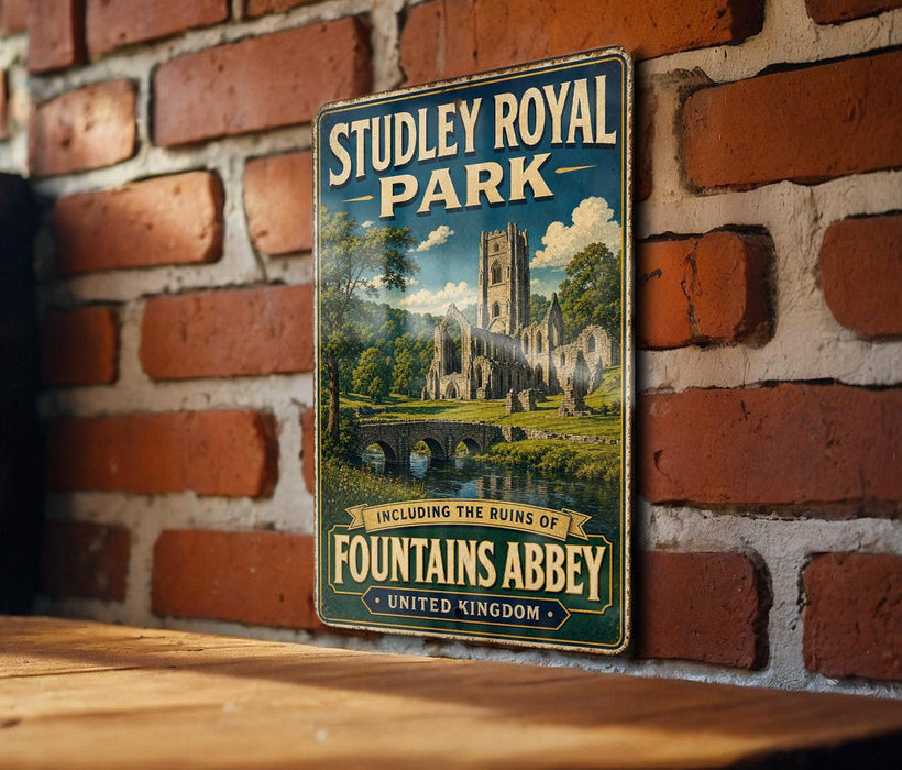 A vintage metal sign for Studley Royal Park, featuring an illustration of a castle and a bridge, mounted on a brick wall.