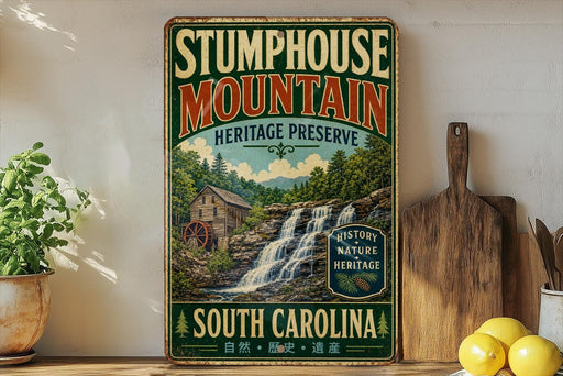 a vintage-style sign for Stumphouse Mountain Heritage Preserve, with a scenic image of a waterfall and a wooden cabin. The sign is displayed on a shelf next to a wooden cutting board and a potted plant.
