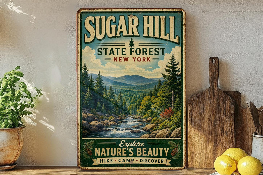 A vintage-style sign for Sugar Hill State Forest in New York, featuring a scenic mountain landscape with a river and pine trees.