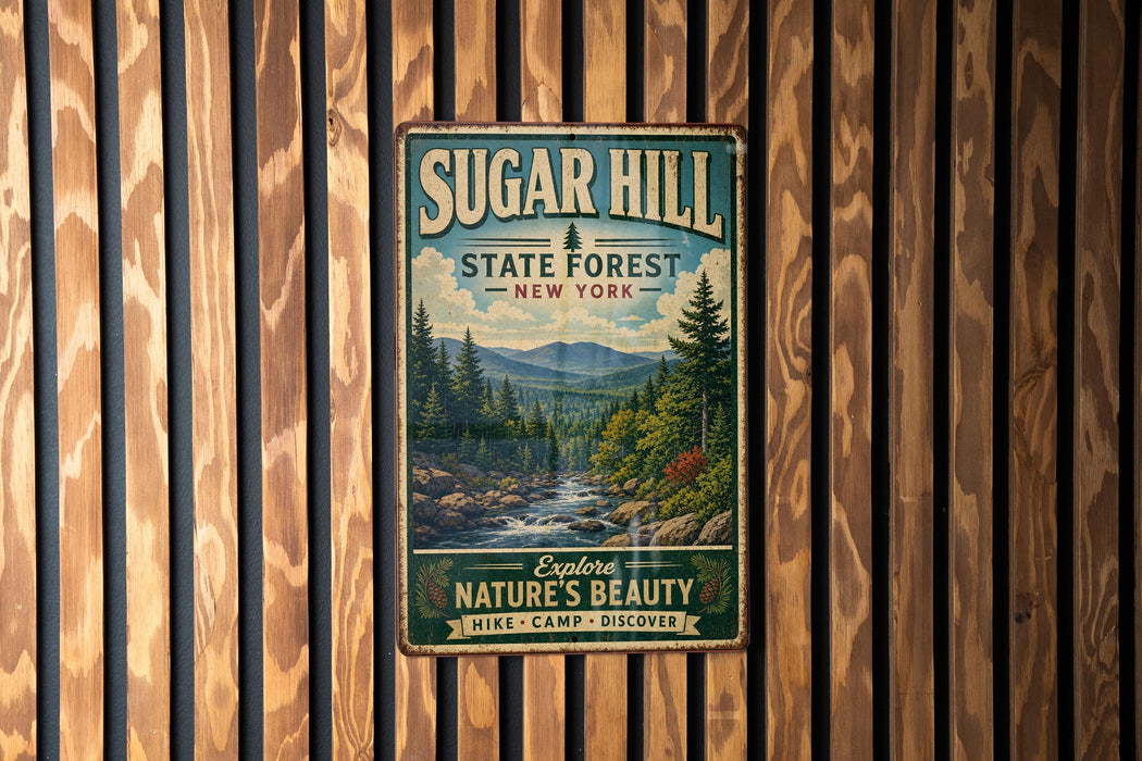 A vintage-style metal sign for Sugar Hill State Forest in New York, featuring a scenic mountain landscape and inviting visitors to explore nature's beauty.