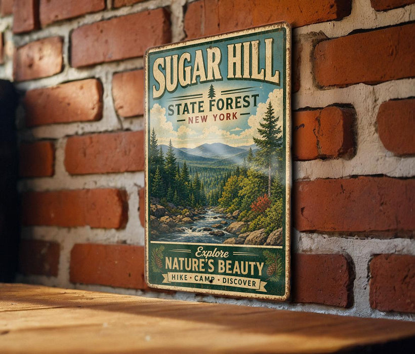 A vintage-style sign for Sugar Hill State Forest in New York, featuring a scenic mountain landscape and a river.