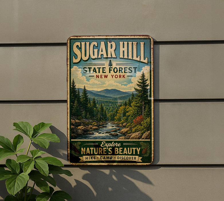 A vintage-style metal sign for Sugar Hill State Forest in New York, featuring a scenic landscape with pine trees, a river, and mountains.
