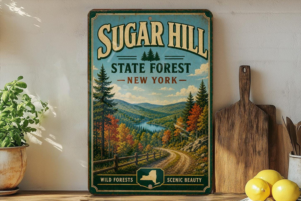 A vintage-style sign for Sugar Hill State Forest in New York, featuring a scenic landscape with a winding road, pine trees, and a lake.