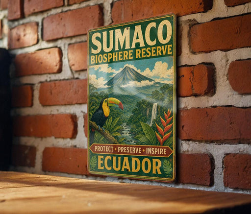 a vintage-style sign for Sumaco Biosphere Reserve, which is a protected area in Ecuador.