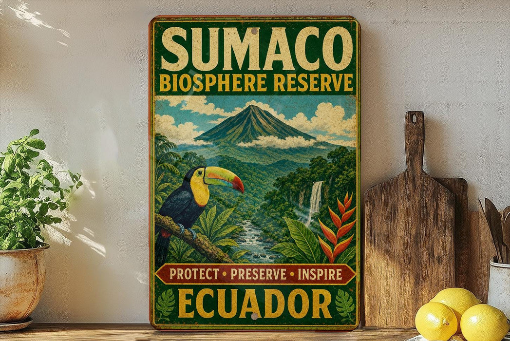 a vintage-style sign for Sumac Biosphere Reserve, with a tropical landscape and a toucan bird in the center. The sign is surrounded by various kitchen items, such as a cutting board, a knife, a bowl, and a bunch of lemons.
