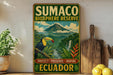 a vintage-style sign for Sumac Biosphere Reserve, with a tropical landscape and a toucan bird in the center. The sign is surrounded by various kitchen items, such as a cutting board, a knife, a bowl, and a bunch of lemons.