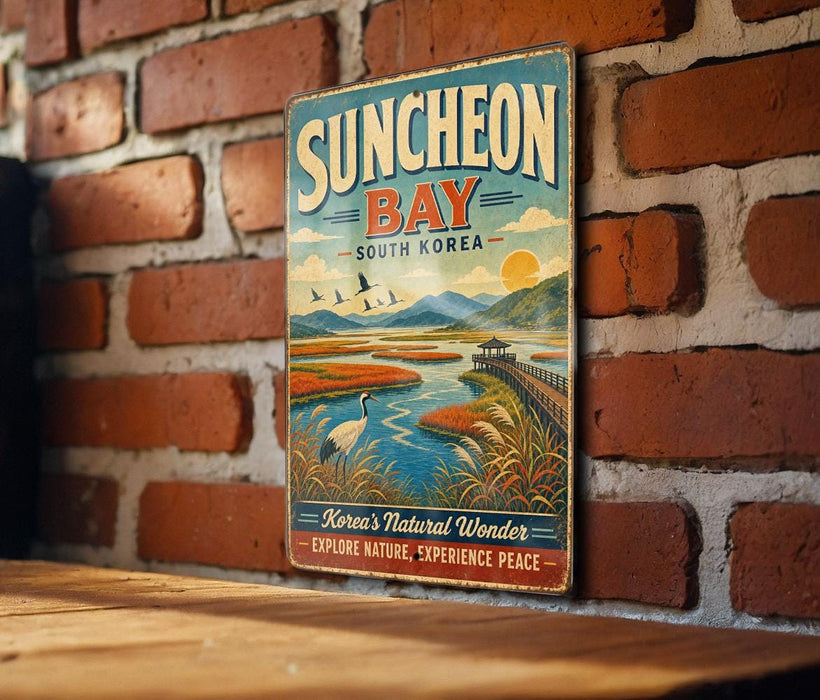 A vintage metal sign for Suncheon Bay, South Korea, featuring a scenic landscape with mountains, a river, and birds.