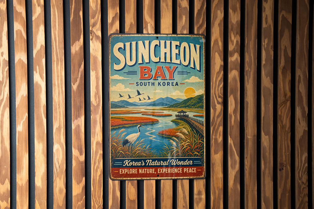 A vintage metal sign for Suncheon Bay, South Korea, featuring a scenic landscape with birds and a river.