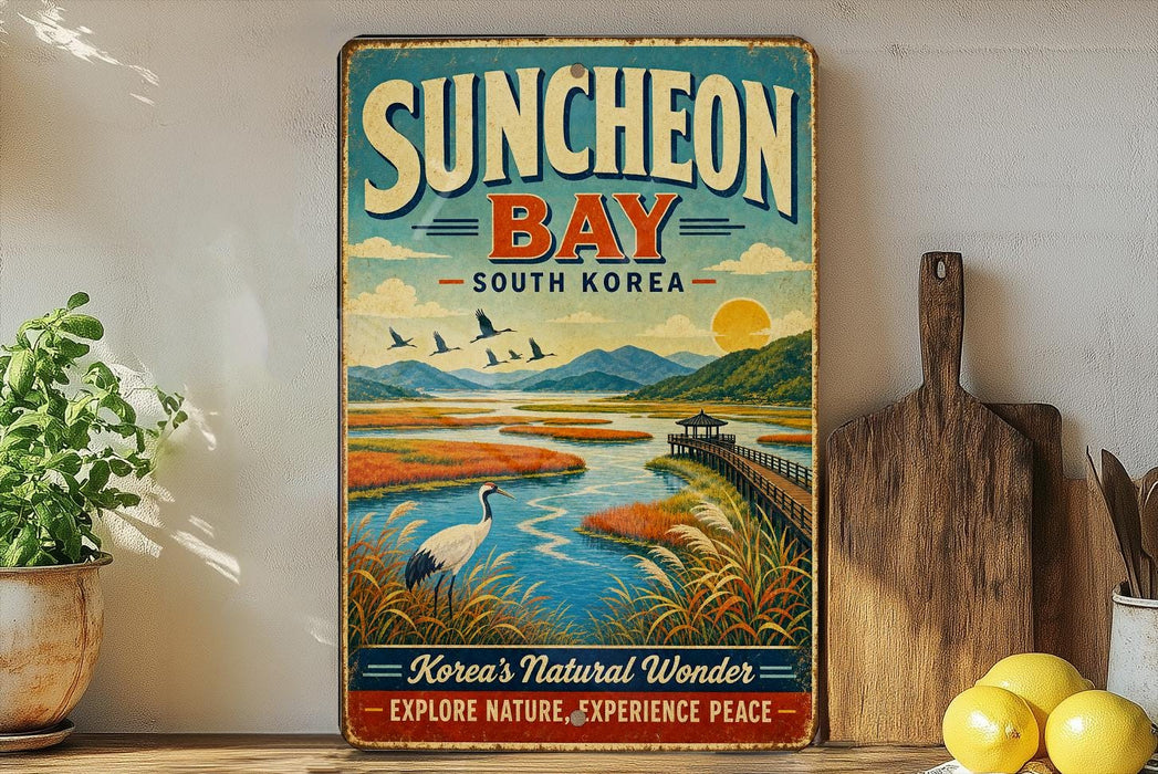 A vintage-style sign for Suncheon Bay, South Korea, featuring a scenic landscape with a river, mountains, and birds.