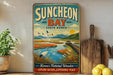 A vintage-style sign for Suncheon Bay, South Korea, featuring a scenic landscape with a river, mountains, and birds.