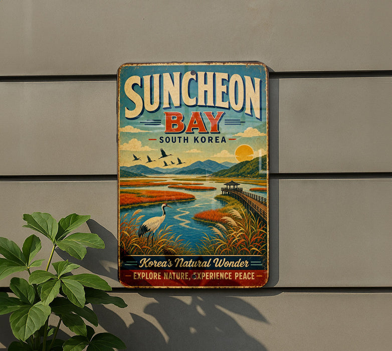 A vintage metal sign for Suncheon Bay, South Korea, featuring a scenic landscape with birds, a river, and mountains.