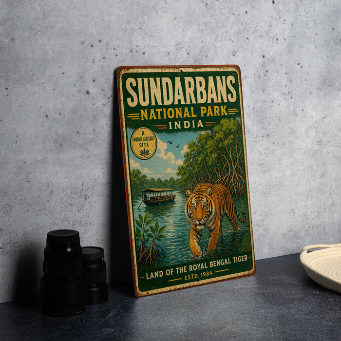 A vintage-style sign for the Sundarbans National Park in India, featuring an illustration of a tiger walking through a mangrove forest.