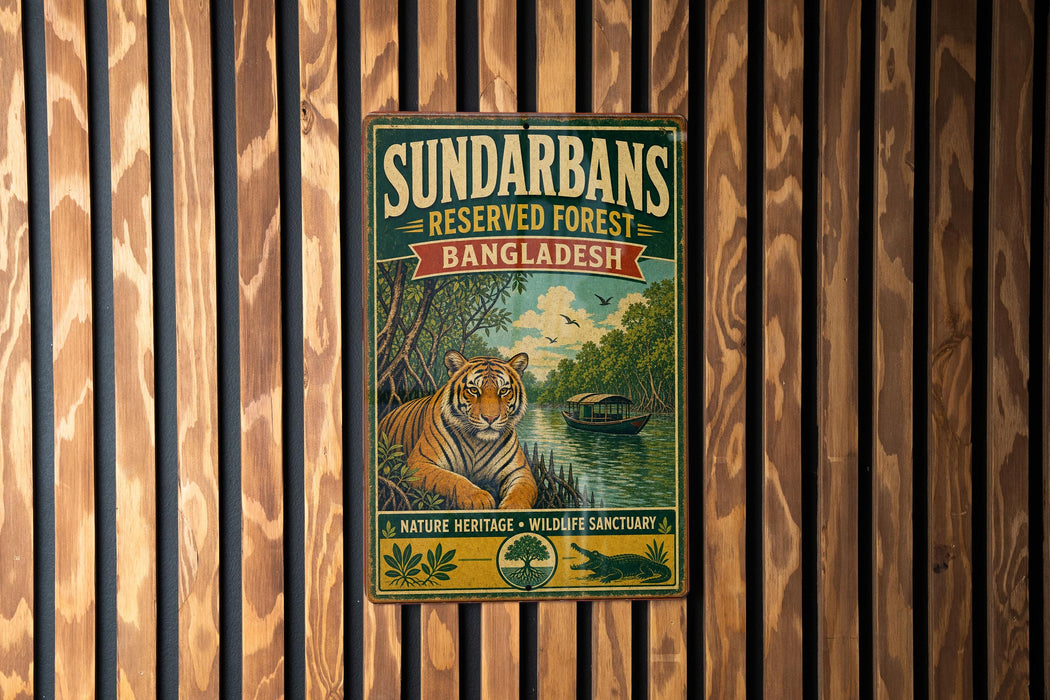 A vintage metal sign for Sundarbans, a nature reserve in Bangladesh, featuring a tiger and a boat on a river.