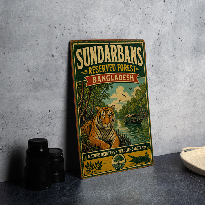 A vintage-style sign for the Sundarbans, a nature reserve in Bangladesh, featuring a tiger and a boat on a river.