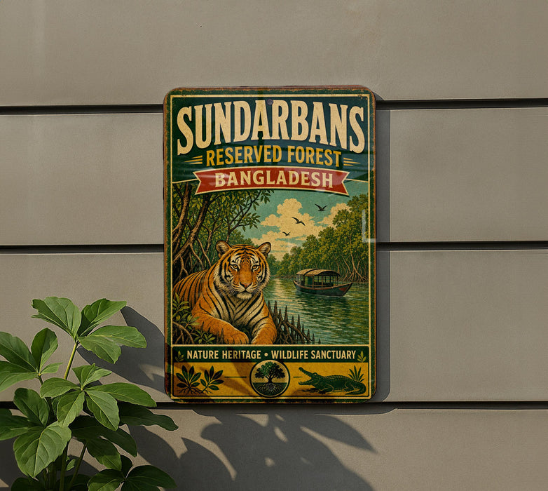 A vintage-style sign for the Sundarbans, a nature reserve in Bangladesh, featuring a tiger and a boat on a river surrounded by lush greenery.