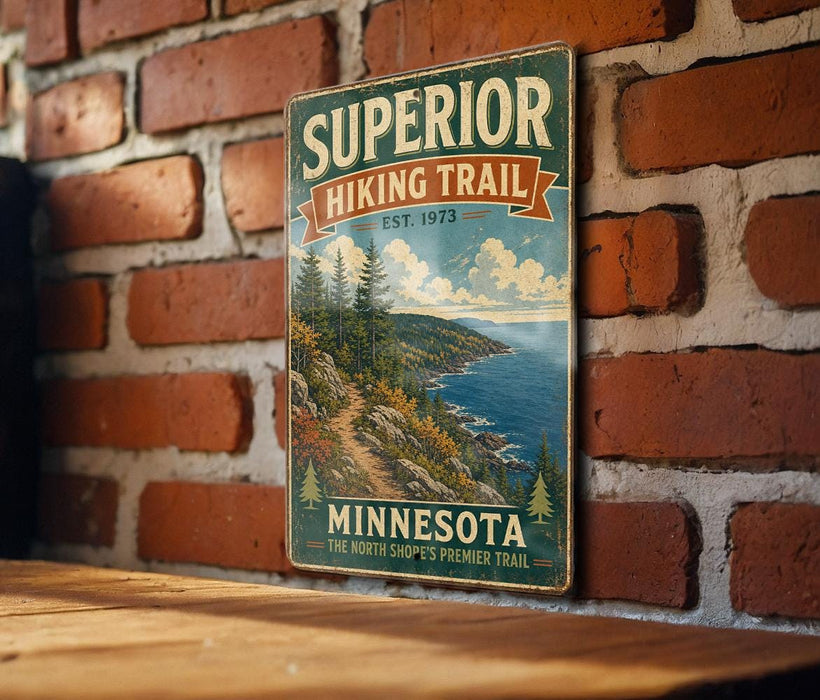 A vintage-style metal sign for the Superior Hiking Trail in Minnesota, featuring a scenic mountain landscape with pine trees and a winding trail.