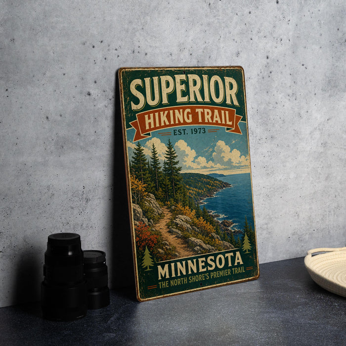 A vintage-style metal sign for the Superior Hiking Trail in Minnesota, featuring a scenic mountain landscape with pine trees and a winding trail.