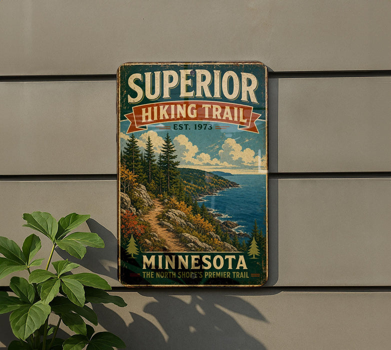 A vintage-style metal sign for the Superior Hiking Trail in Minnesota, featuring a scenic mountain landscape with pine trees and a winding trail.